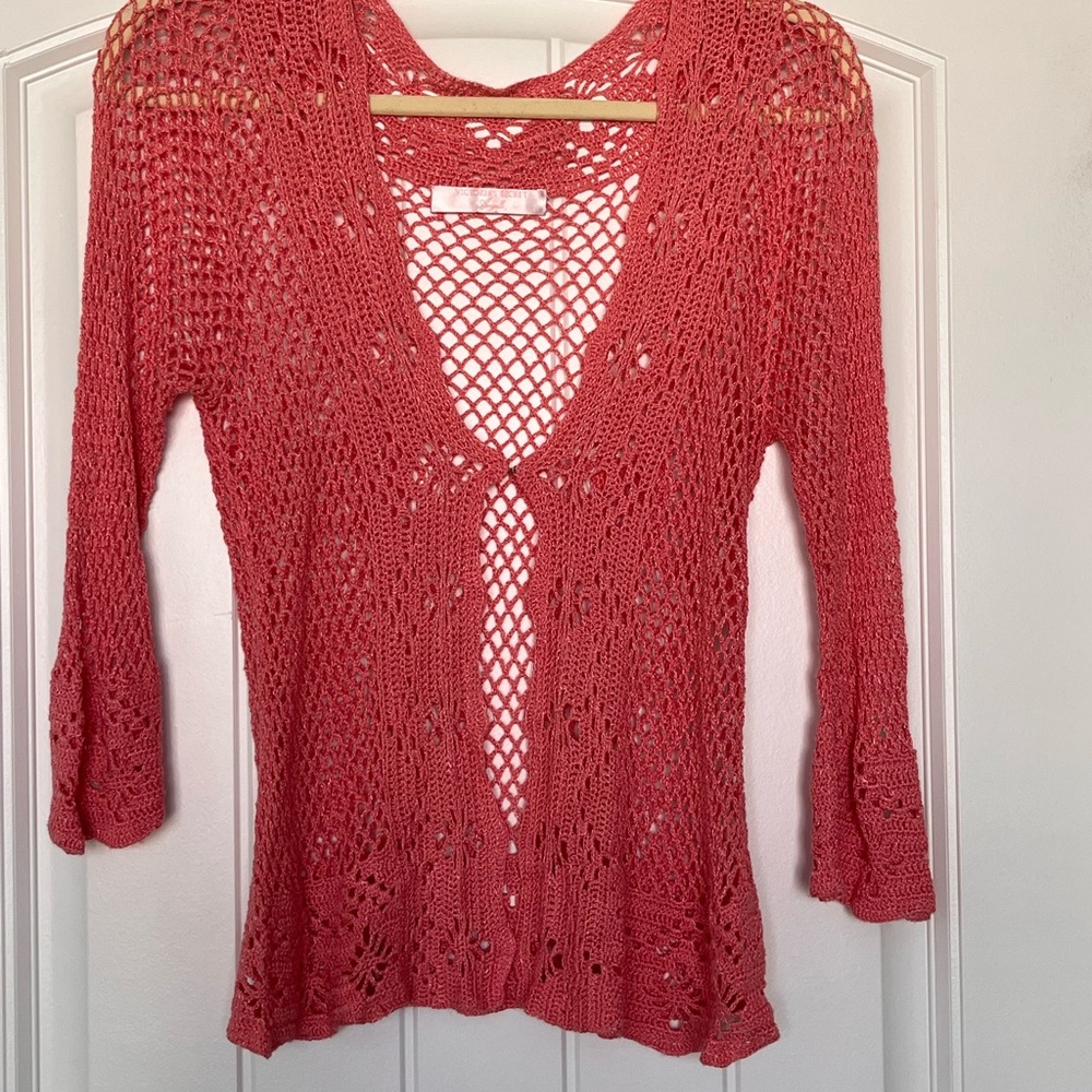 Victoria's Secret Coral Pink  Crochet Flyaway Cardigan Cover-Up SEE PICTURES